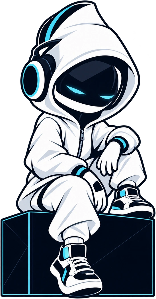 Skyhood Music mascot in a white hood wearing headphones